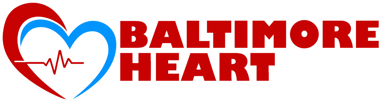 Baltimore Heart logo with red and blue heart shapes, a heartbeat line inside, and bold red “BALTIMORE HEART” text to the right.