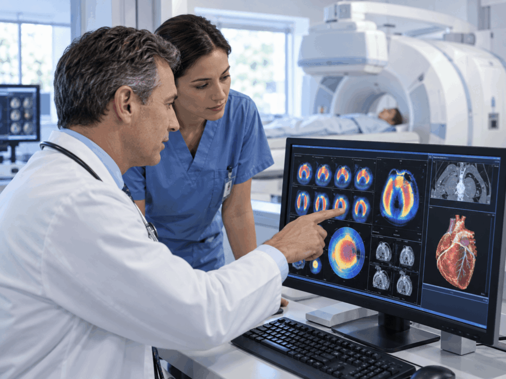 A doctor and nurse review brain and heart scans on a computer screen, while a patient lies in an MRI machine in the background.