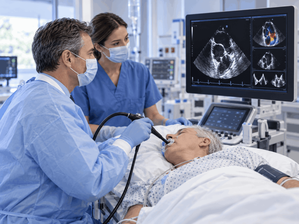 A doctor and nurse perform a medical procedure on a patient in a hospital bed, using imaging equipment displayed on a monitor showing ultrasound scans.