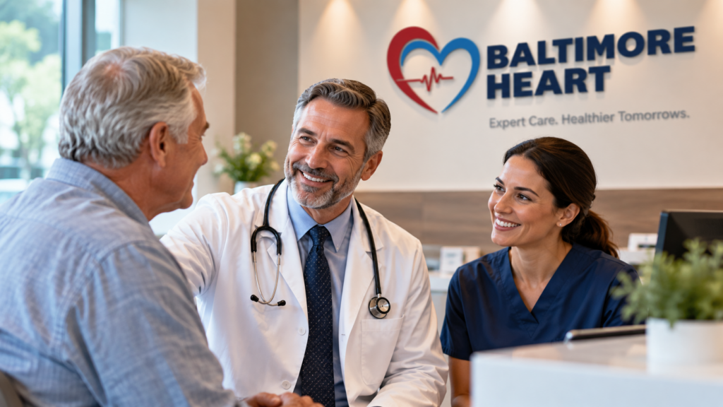A doctor and nurse smile while talking to an older male patient at Baltimore Heart Clinic. The clinic logo and slogan “Expert Care. Healthier Tomorrows.” are visible on the wall in the background.