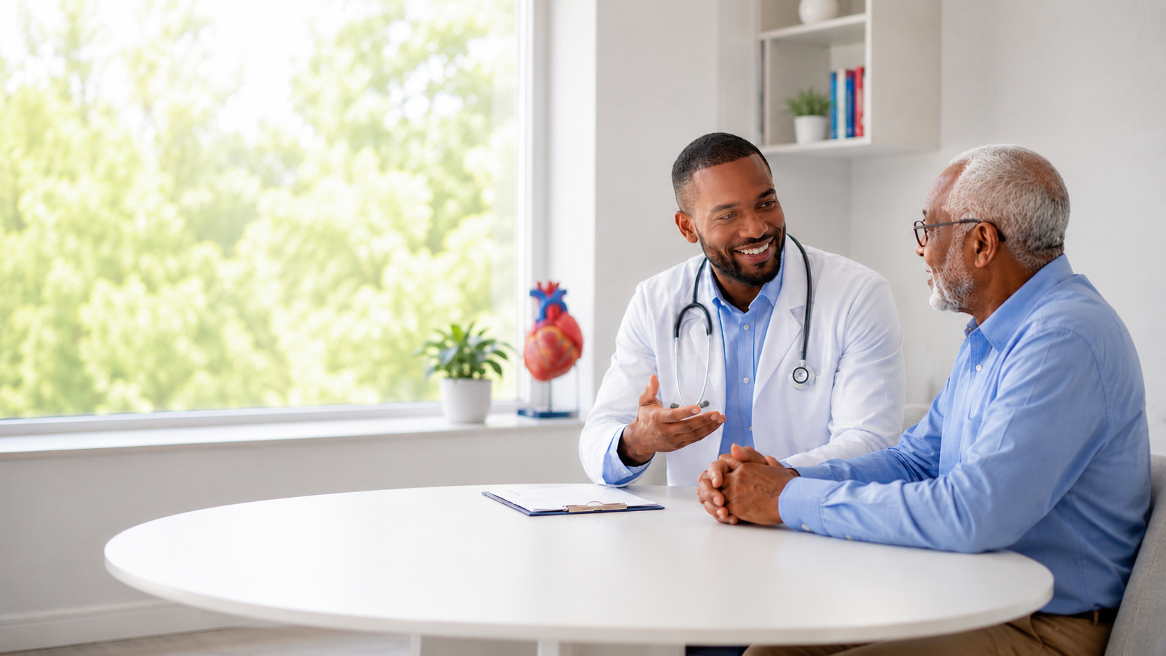 A doctor in a white coat smiles and talks with an older man at a round table in a bright office, with medical models and plants in the background.