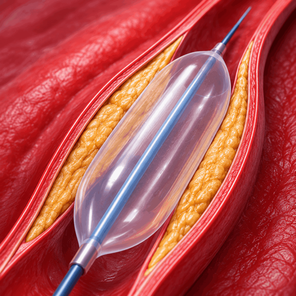 A medical illustration shows a balloon catheter inflated inside a narrowed blood vessel, pushing aside yellow plaque deposits against the red vessel walls.