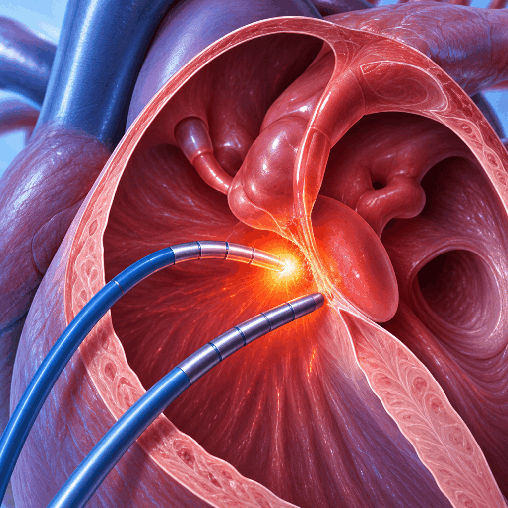 Medical illustration showing catheters performing a heart ablation procedure, with glowing energy at the treatment site inside a heart chamber.