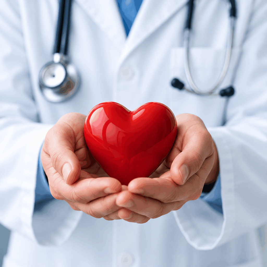 A doctor in a white coat holds a shiny red heart model in both hands, with a stethoscope around their neck, symbolizing healthcare and heart health.
