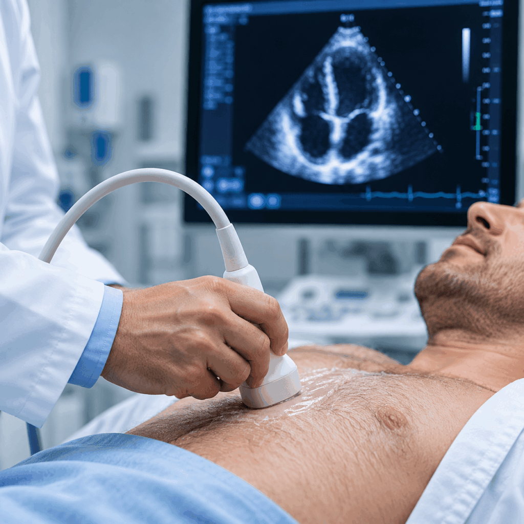 A doctor performs an ultrasound on a man’s chest while a heart scan appears on a monitor in the background, indicating a cardiac examination in a medical setting.