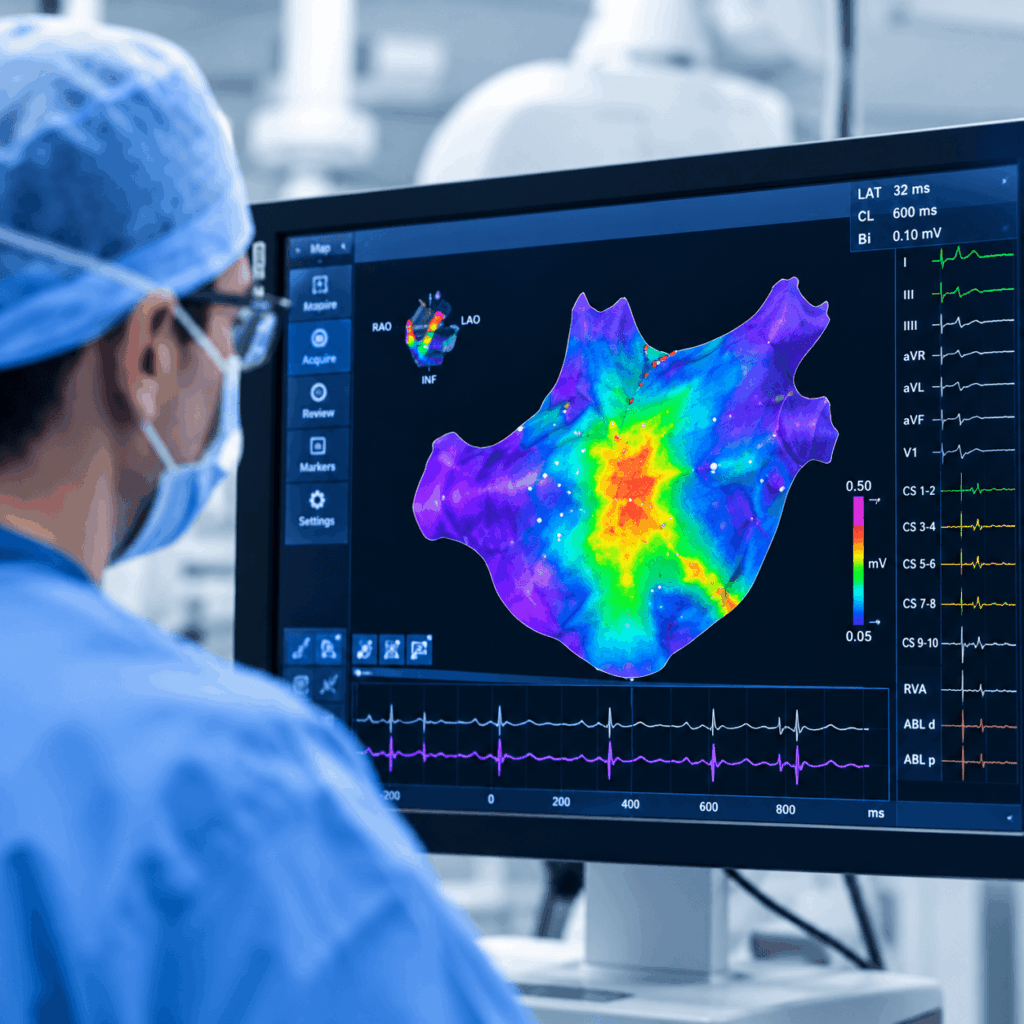 A medical professional examines a computer screen displaying a colorful heart mapping image and various patient heart rate data in a clinical setting.