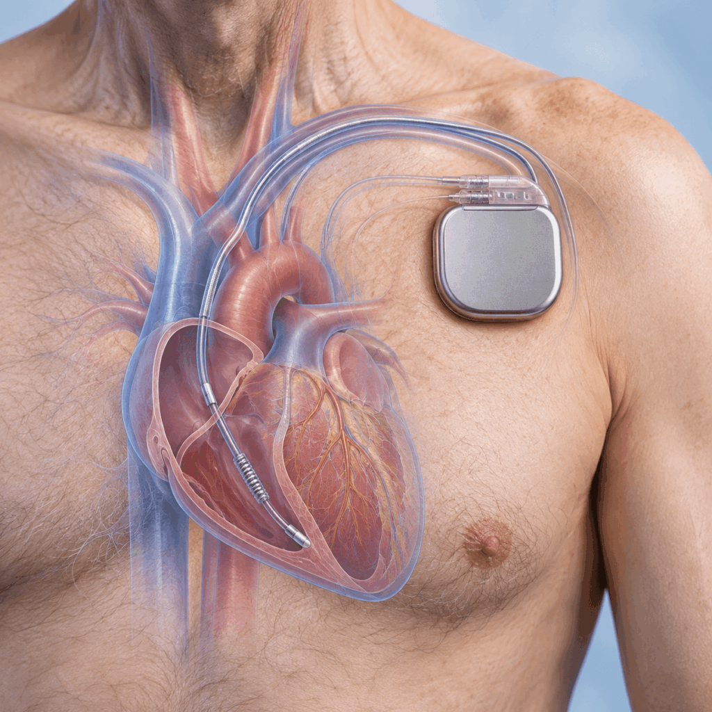 Medical illustration showing a pacemaker implanted in a person’s chest, with wires running to the heart to help control heartbeat. The skin is transparent to reveal the heart and medical device placement.