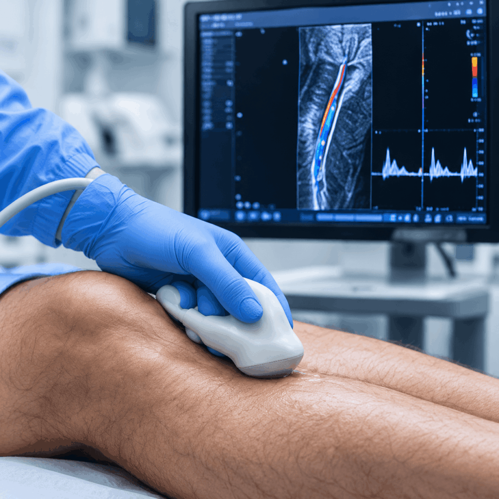 A medical professional uses an ultrasound device on a patient’s leg, with an anatomical scan displayed on a monitor in the background, showing colored imaging and graph data.