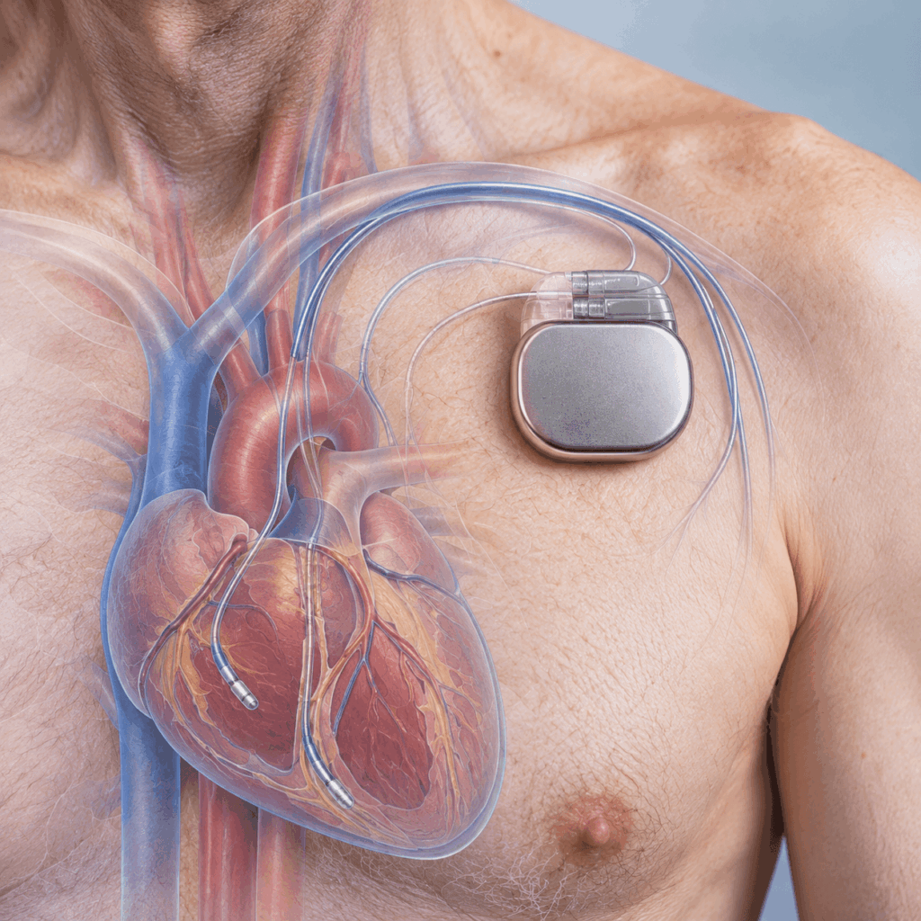 An illustration showing a person’s chest with a visible pacemaker device implanted and wires connected to the heart, highlighting major blood vessels and heart anatomy.
